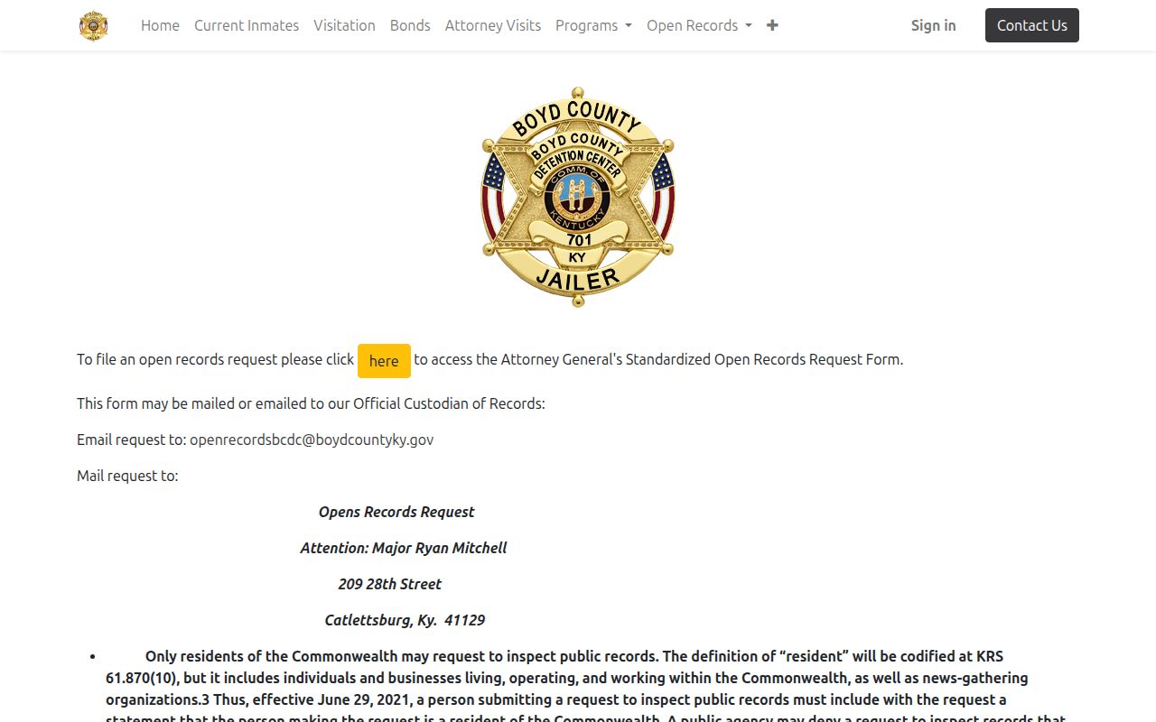 Boyd County jail booking record and photograph open-records request page